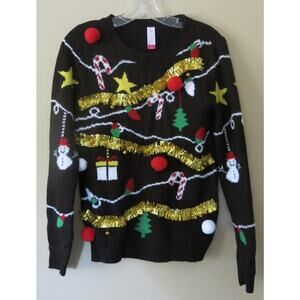 UGLY CHRISTMAS SWEATER Size M 7-9 Jr Gold Garland Pompoms Bells Candy Canes